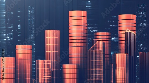 Abstract representation of financial growth with orange cylindrical bars symbolizing increase and urban architecture in background.