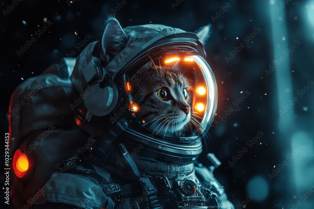 Fototapeta Curious cat astronaut exploring an unknown galaxy in a futuristic space suit