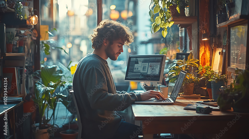Young man working on laptop in cozy plant-filled workspace. Young man working on laptop in cozy plant-filled workspace.
