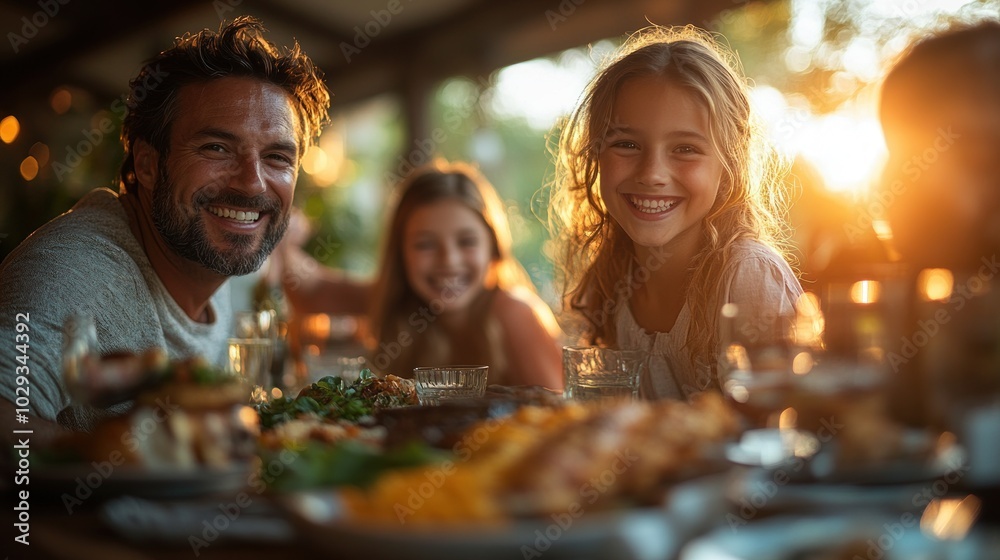 A joyful family gathering around a table filled with food during sunset. A joyful family gathering around a table filled with food during sunset.
