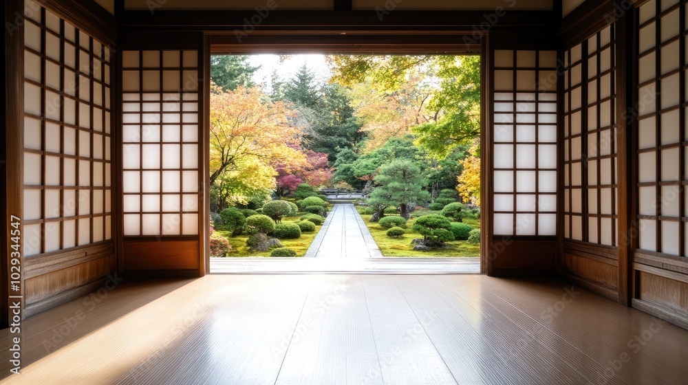 Obraz premium Tranquil Japanese Garden View from Traditional Room
