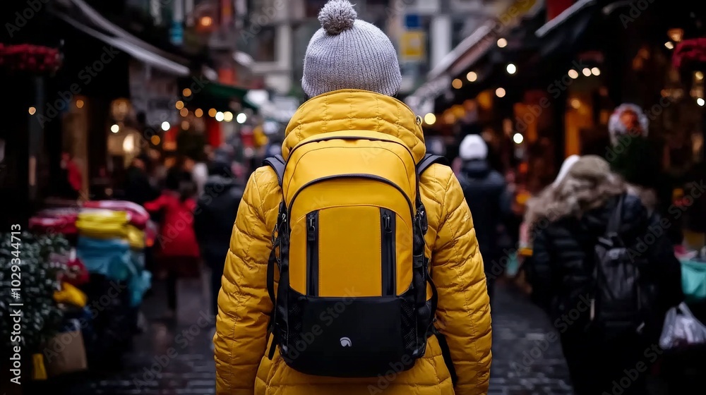 Lost in the Christmas Market: A lone figure, dressed in a vibrant yellow jacket and a white beanie, navigates through a bustling Christmas market, carrying a yellow backpack. Lost in the Christmas Market: A lone figure, dressed in a vibrant yellow jacket and a white beanie, navigates through a bustling Christmas market, carrying a yellow backpack.