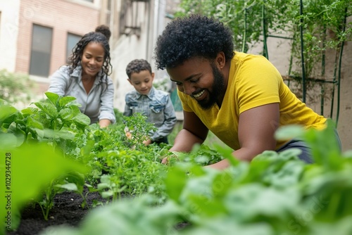 Family enjoying urban gardening together, planting greens