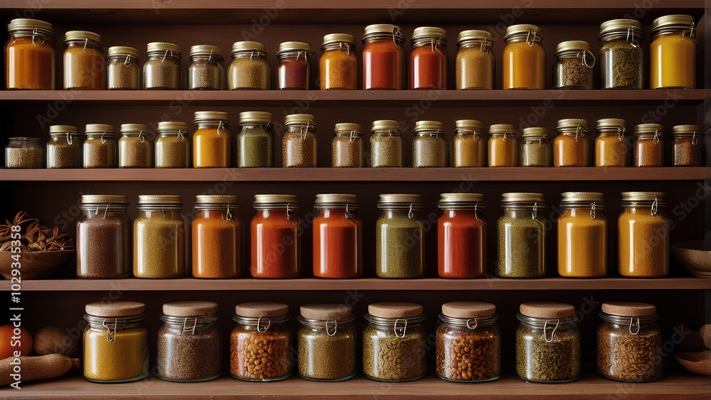 Different kind of spices - Cumin, turmeric, and paprika, etc. - kept in a glass container and arranged neatly on a wooden shelf. Different kind of spices - Cumin, turmeric, and paprika, etc. - kept in a glass container and arranged neatly on a wooden shelf.