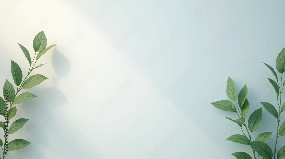 Lush green leaves extend from corners of a light pastel background, creating a soothing and tranquil environment suitable for relaxation or meditation Lush green leaves extend from corners of a light pastel background, creating a soothing and tranquil environment suitable for relaxation or meditation