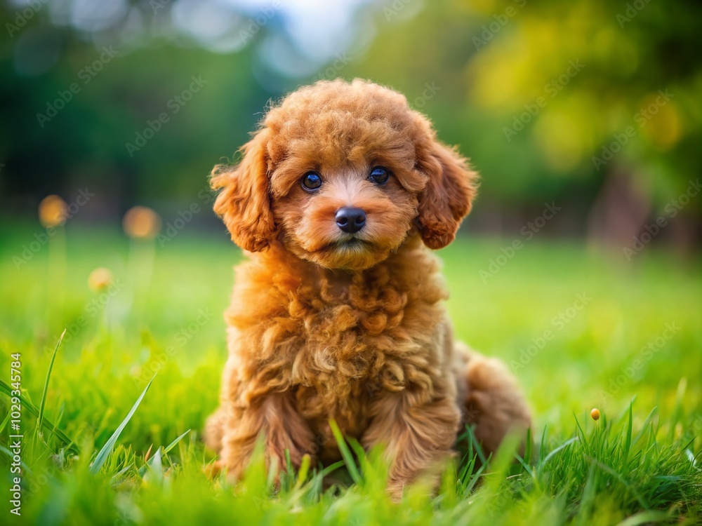 Fluffy Red Toy Poodle Puppy on Green Grass - Adorable Pet Photography for Copy Space Fluffy Red Toy Poodle Puppy on Green Grass - Adorable Pet Photography for Copy Space