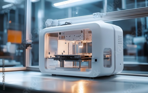 Modern 3D printer in a tech workspace, showcasing advanced design and technology for rapid prototyping and manufacturing.