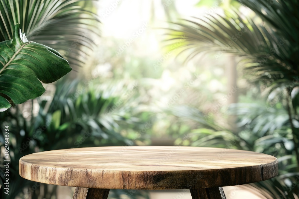 Nature-inspired Product Display on Wood Table with Tropical Background Nature-inspired Product Display on Wood Table with Tropical Background