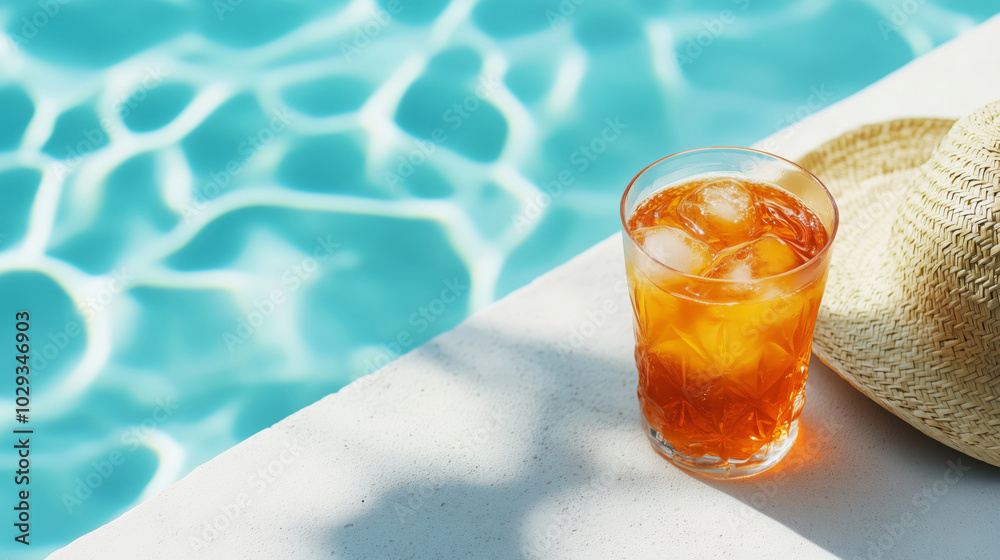 Cocktail Aperol Spritz with ice at the edge of the blue water pool Cocktail Aperol Spritz with ice at the edge of the blue water pool