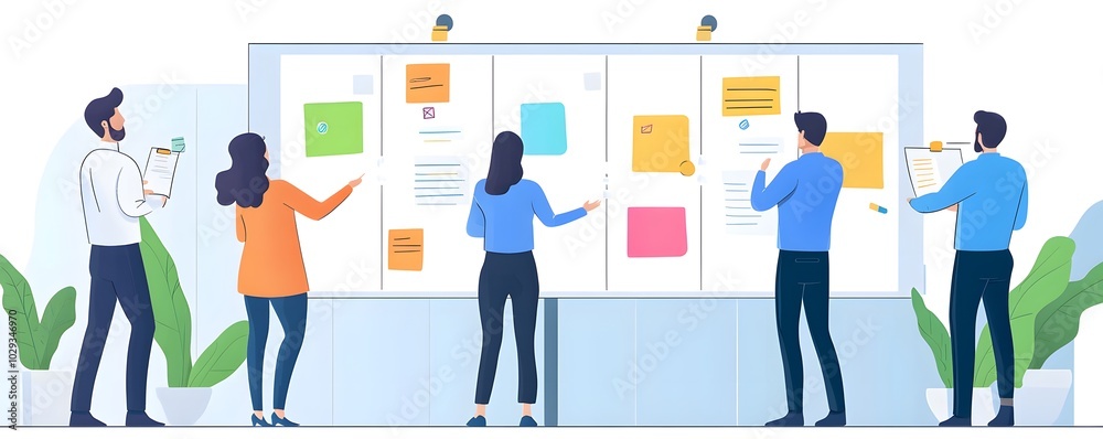 Team collaboration in a modern office, brainstorming and discussing ideas on sticky notes during a productive meeting. Team collaboration in a modern office, brainstorming and discussing ideas on sticky notes during a productive meeting.