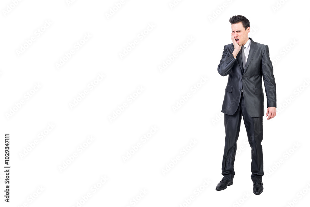 Man in suit suffering from toothache. White background. Man in suit suffering from toothache. White background.