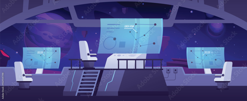 Obraz premium Spaceship interior of captains bridge, vector command station, radar screens, navigation panel, computer control center