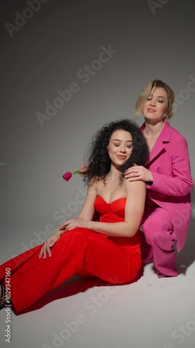 Two women pose in stylish clothes. Concept of same-sex love. photo