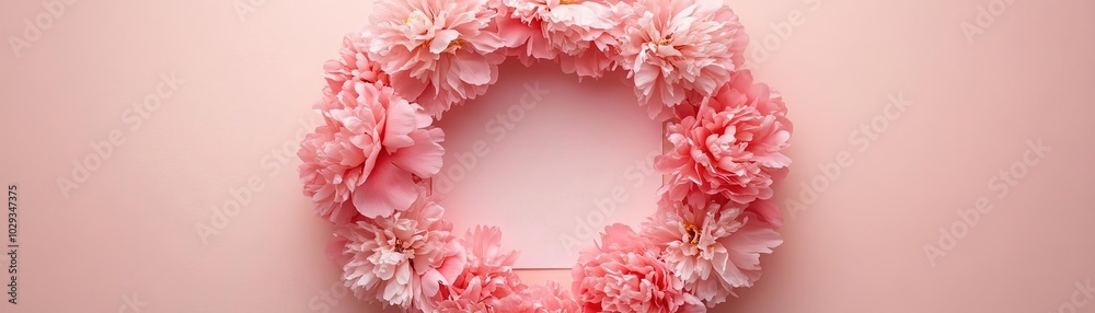 A beautiful pink floral wreath displayed against a soft pastel background, perfect for spring decorations and celebrations. A beautiful pink floral wreath displayed against a soft pastel background, perfect for spring decorations and celebrations.