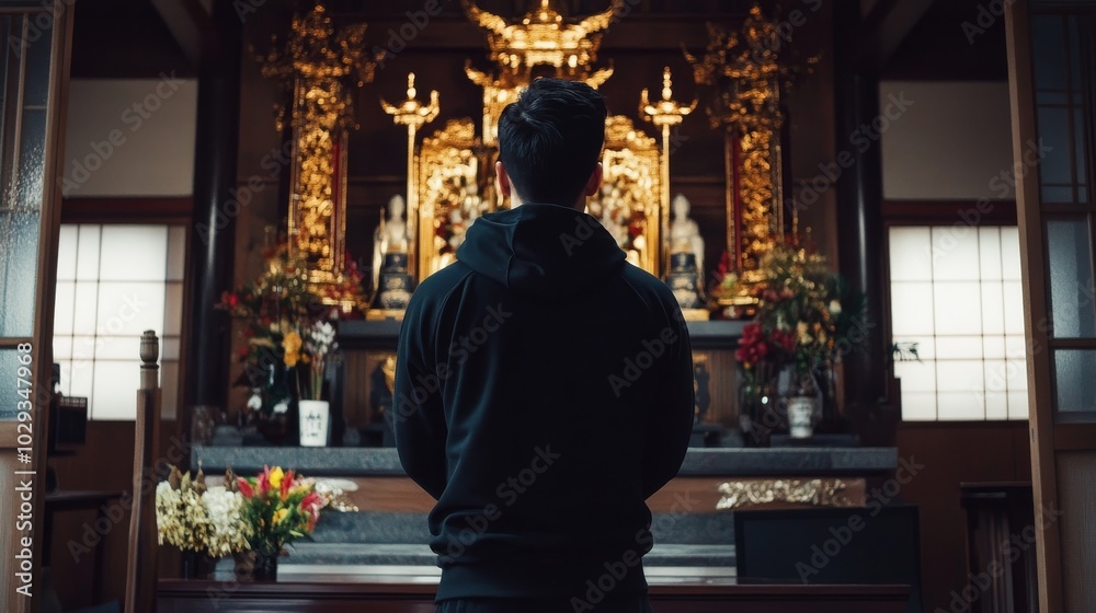 Standing in quiet contemplation a person embraces spiritual serenity in a temple Standing in quiet contemplation a person embraces spiritual serenity in a temple