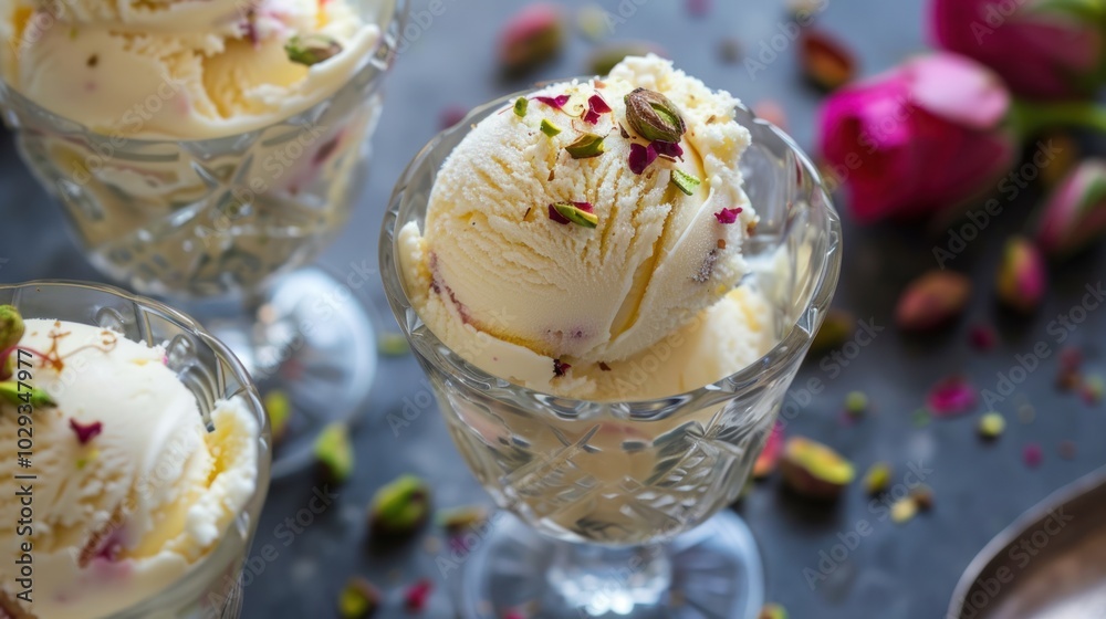 Rose and Pistachio Ice Cream in Glass Goblets Rose and Pistachio Ice Cream in Glass Goblets
