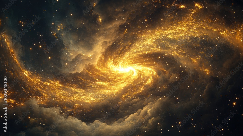 Golden dust swirling in a dark expanse, simulating the beauty of a galactic light show Golden dust swirling in a dark expanse, simulating the beauty of a galactic light show