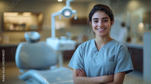 Young dental professional smiling confidently in a well-lit clinic during a patient appointment