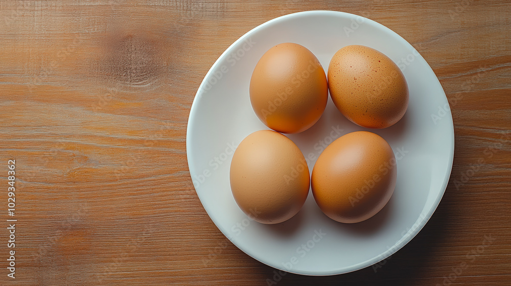 Four brown eggs are neatly arranged on a white plate atop a wooden surface, captured in soft, natural lighting. Four brown eggs are neatly arranged on a white plate atop a wooden surface, captured in soft, natural lighting.