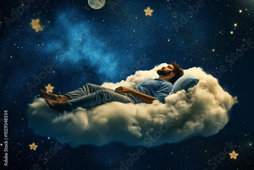 A man peacefully asleep on a cloud-like bed, floating in the middle of a starry sky, surreal dreamlike scene.
