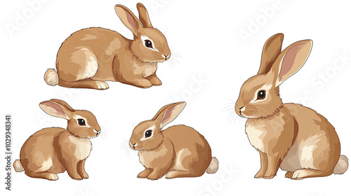 Cute Brown Rabbits Sitting Together Against a White Background Generative AI