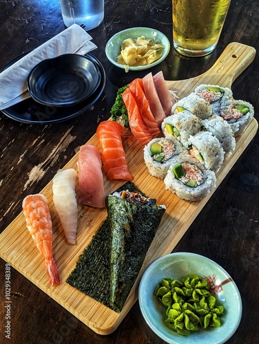 Sushi sashimi platter featuring an assortment of fresh, vibrant slices of salmon, tuna, and other seafood delicacies