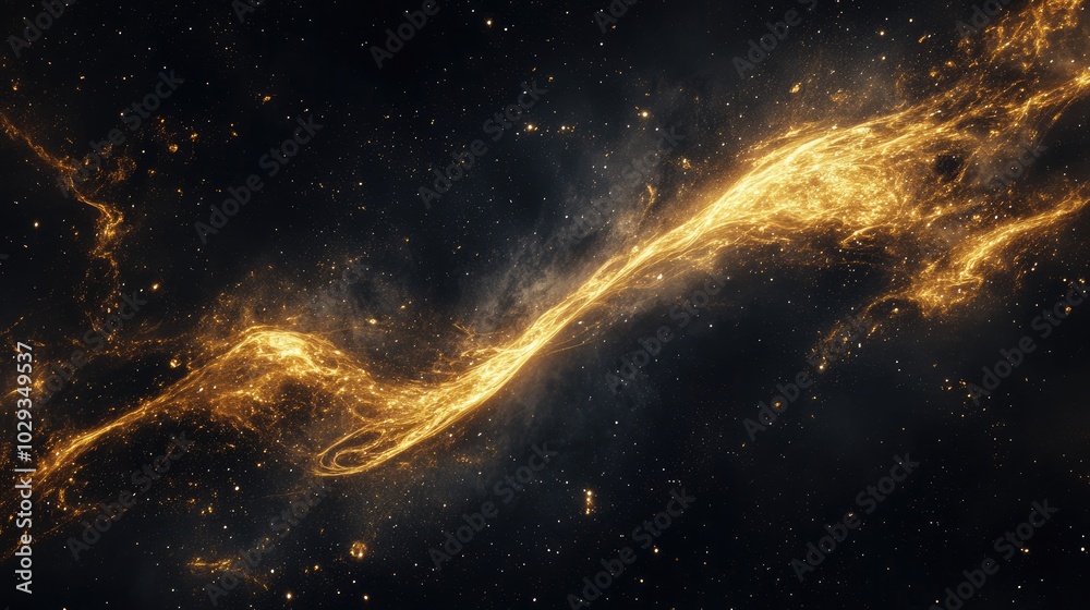 Golden stardust swirling through the black expanse of space, evoking a magical and ethereal display Golden stardust swirling through the black expanse of space, evoking a magical and ethereal display