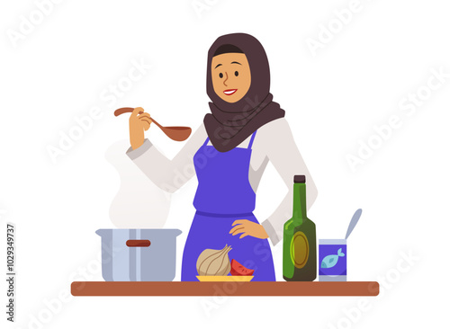 Muslim woman cooking on the kitchen, tasting the dish from pot, vector cartoon female in hijab preparing a halal food