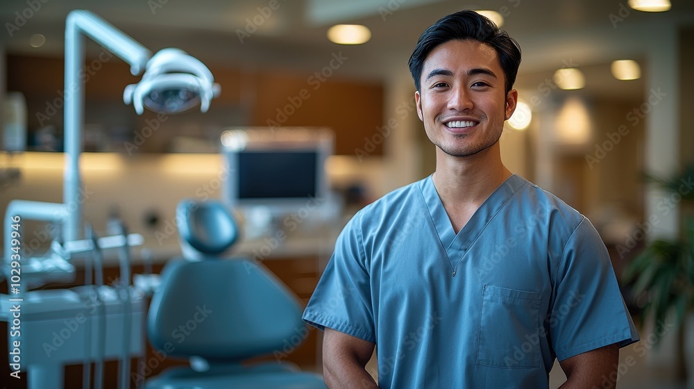 Fototapeta premium A young dental professional smiles confidently in a modern clinic during a daytime consultation