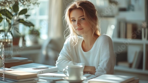 A woman in a cozy setting, surrounded by books and a cup of coffee, exuding a serene vibe.