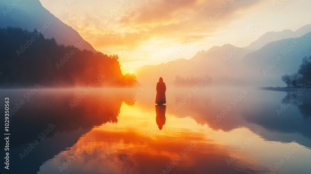 A pilgrim stands peacefully at the edge of a sacred river embracing the dawns beauty A pilgrim stands peacefully at the edge of a sacred river embracing the dawns beauty