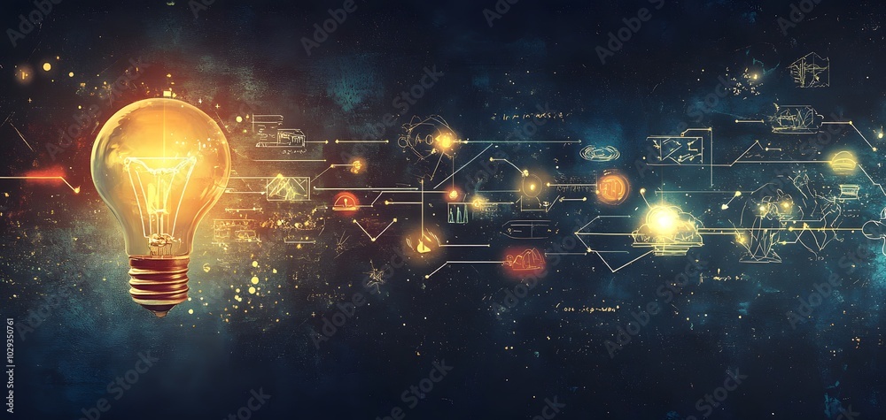 A glowing light bulb symbolizing innovation and creativity amidst a backdrop of abstract digital elements. A glowing light bulb symbolizing innovation and creativity amidst a backdrop of abstract digital elements.
