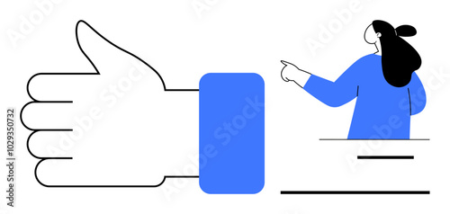 Large hand with a thumbs-up gesture next to a person pointing right. Ideal for approval contexts, positive feedback, social media, teamwork encouragement, and supportive messages. Simple modern lines