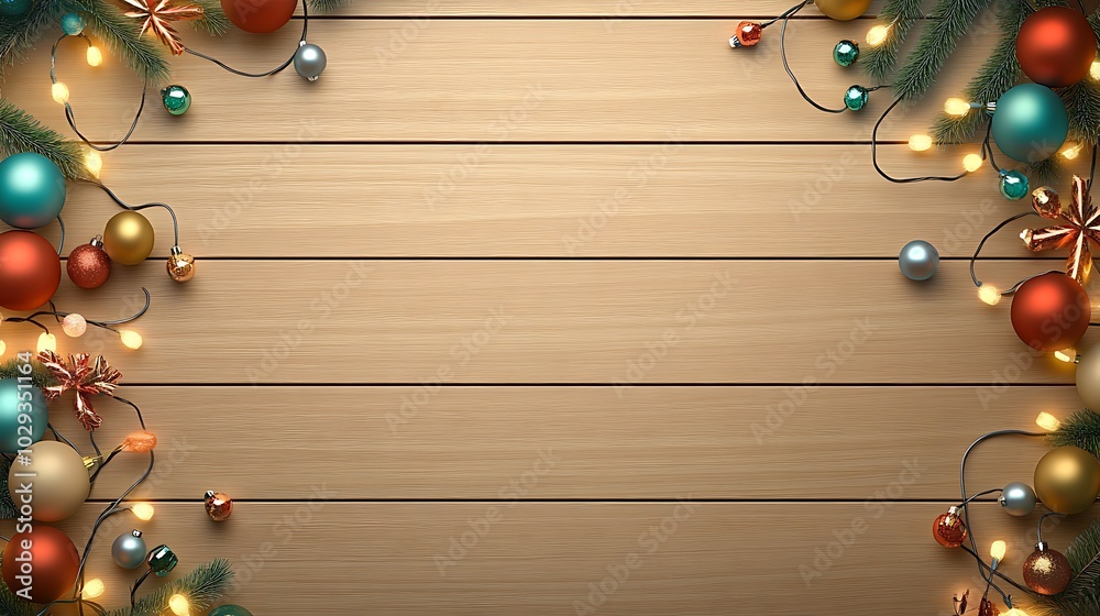 A colorful arrangement of Christmas lights and baubles sprawled across a table, with a large empty space in the center for text. A colorful arrangement of Christmas lights and baubles sprawled across a table, with a large empty space in the center for text.