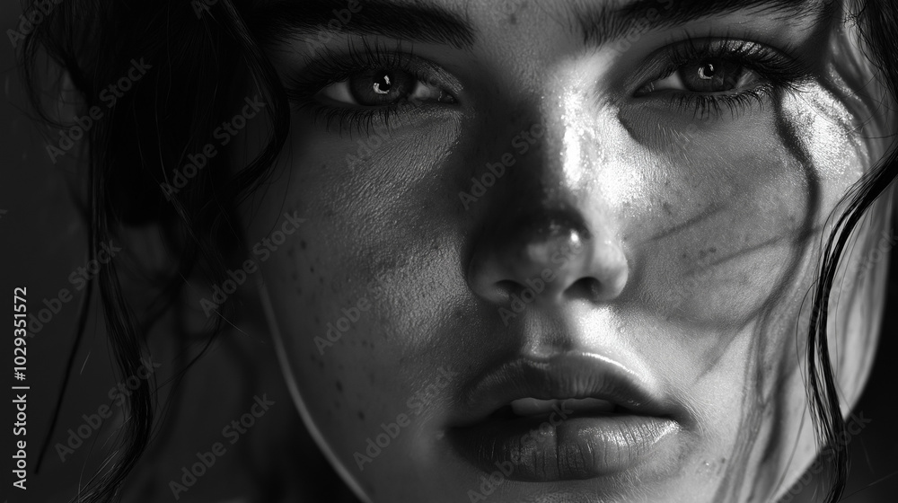 High-contrast black-and-white portrait of a woman with harsh lighting accentuating the contours of her face. Sharp shadows highlight her skin texture and strong features High-contrast black-and-white portrait of a woman with harsh lighting accentuating the contours of her face. Sharp shadows highlight her skin texture and strong features