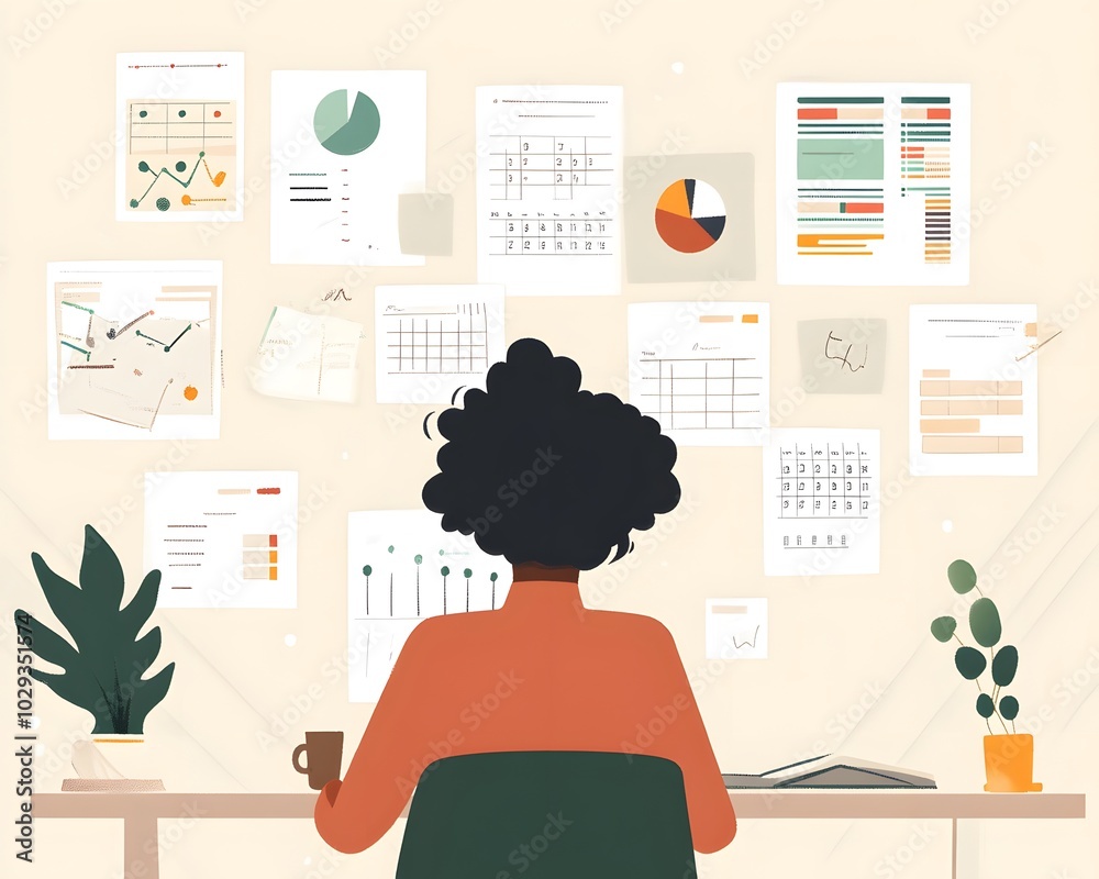 A person analyzing data on a wall with charts, graphs, and notes, illustrating organization and productivity in a workspace. A person analyzing data on a wall with charts, graphs, and notes, illustrating organization and productivity in a workspace.
