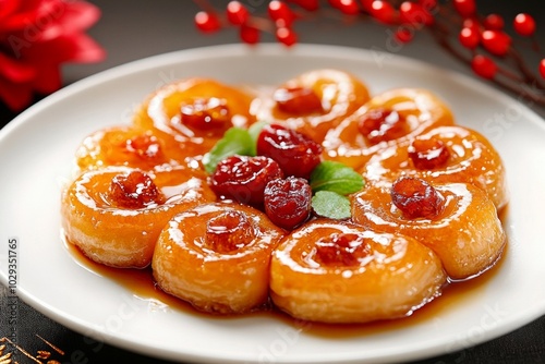 An elegant presentation of Nian Gao sticky rice cakes arranged beautifully on a white plate photo