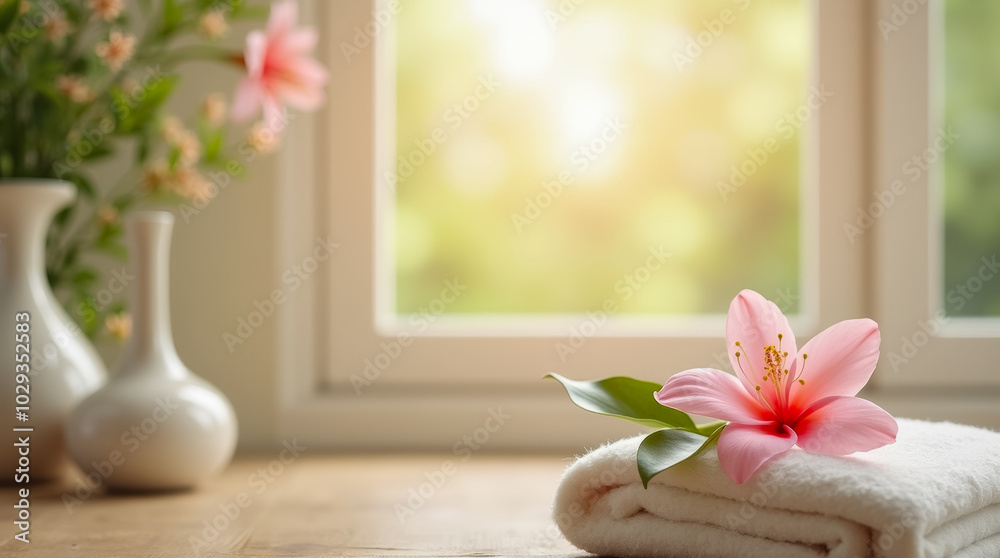 Soft sunlight streams into the room, illuminating a folded towel adorned with a pink flower, complemented by decorative vases filled with greenery Soft sunlight streams into the room, illuminating a folded towel adorned with a pink flower, complemented by decorative vases filled with greenery