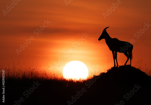 Silhouette of Topi on a hillock during sunrise at Masai Mara, Kenya photo