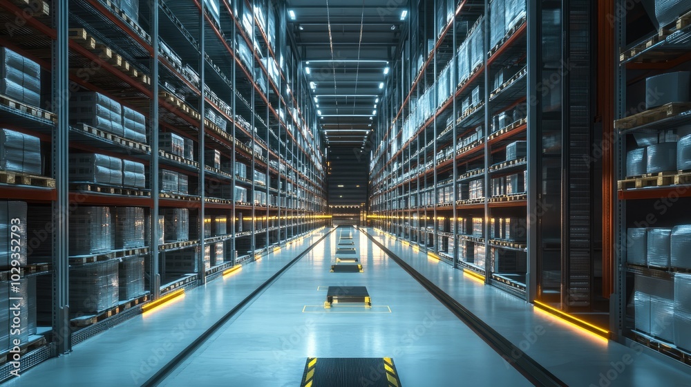 Inventory management with digital systems and well-organized stock shelves in a warehouse Inventory management with digital systems and well-organized stock shelves in a warehouse