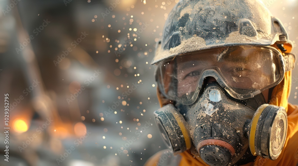 Close-up of a firefighter's face wearing a dusty respirator and helmet
