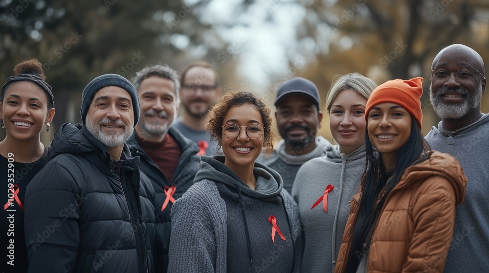 A diverse group of people standing together in a park, each wearing a red AIDS ribbon on their clothing A diverse group of people standing together in a park, each wearing a red AIDS ribbon on their clothing