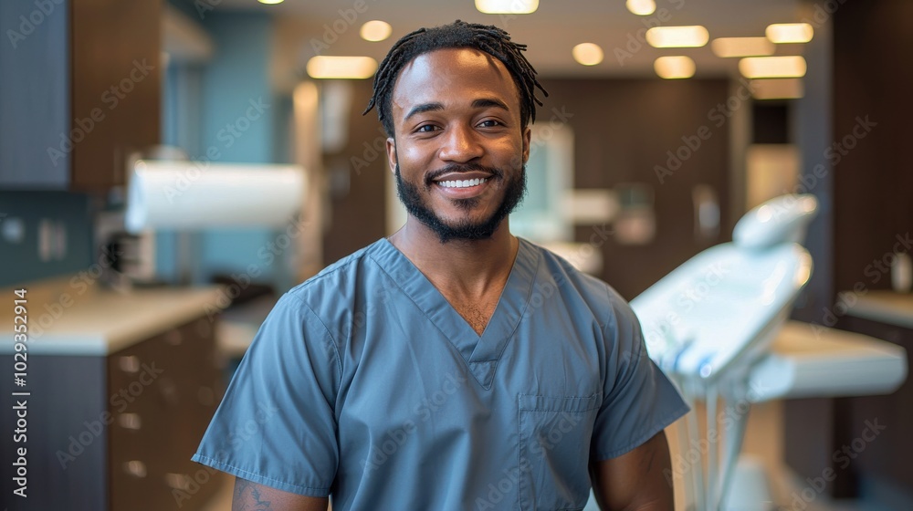 Smiling healthcare professional in scrubs standing confidently in a well-lit dental clinic during daytime