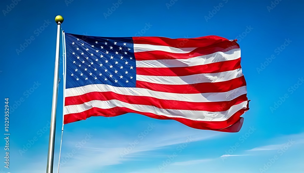 Naklejka premium America flag flying on pole against blue sky background