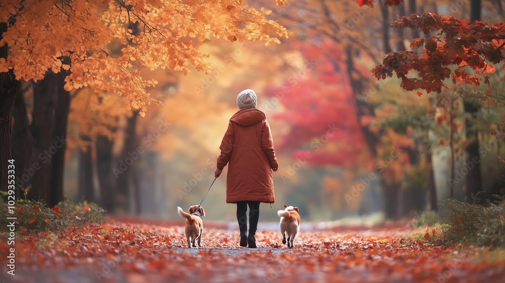 Obraz premium A woman walking two dogs along a picturesque autumn path with vibrant fall foliage in a tranquil park