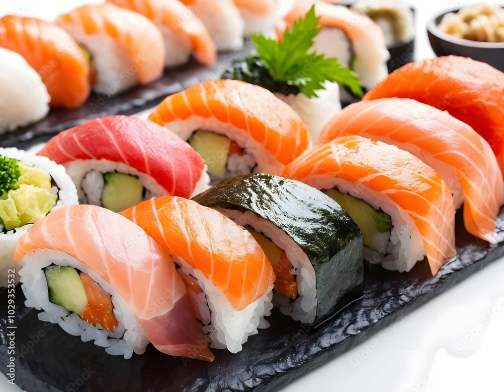 sushi with salmon in a plate pieces with different flavors sushi with salmon in a plate pieces with different flavors