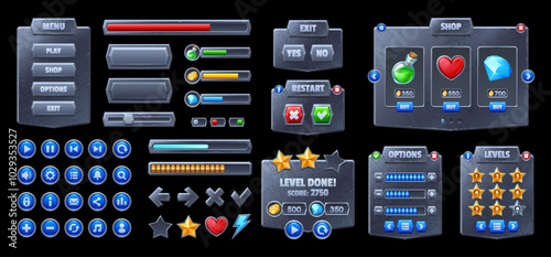 Metal game interface, game ui assets and cartoon vector elements like buttons, controls, and icons. Main menu and options windows, progress bar, scales, keys and indicators for gaming applications