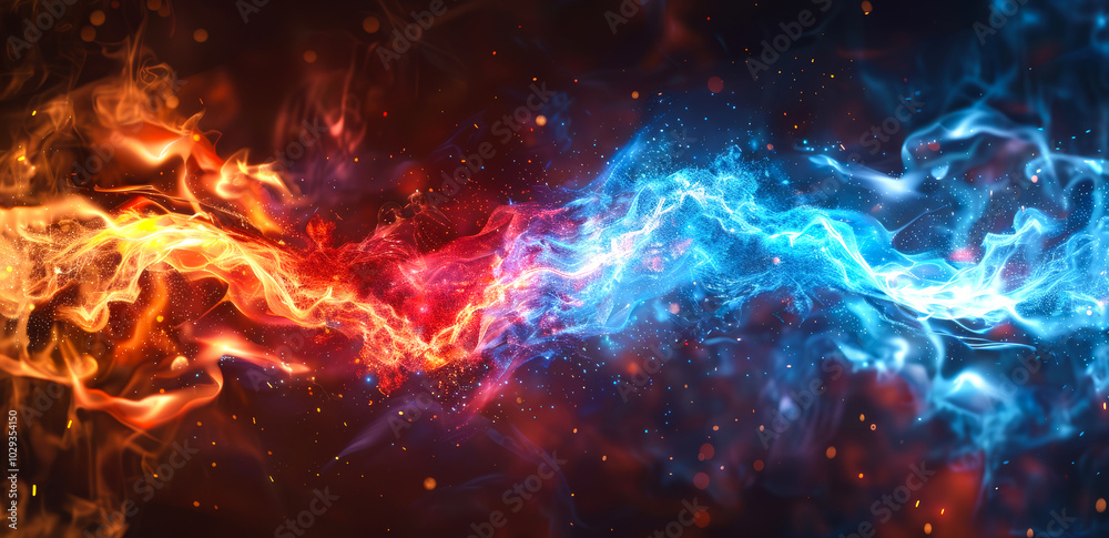 Dynamic clash of fire and ice in colorful swirls Vibrant streams of red and blue blend together, depicting the elemental clash of fire and ice in a captivating display. Dynamic clash of fire and ice in colorful swirls Vibrant streams of red and blue blend together, depicting the elemental clash of fire and ice in a captivating display.