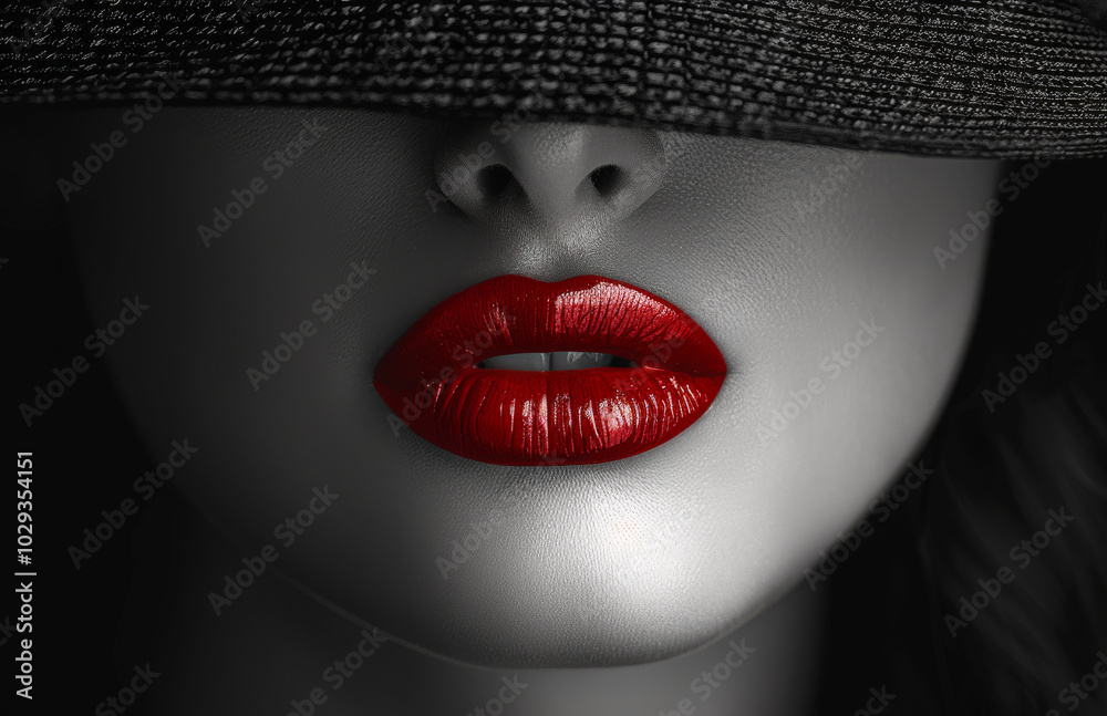 Fototapeta premium Red-lipped woman in a black hat A close-up captures a woman with striking red lips and a black hat obscuring her eyes, creating an air of mystery and allure.