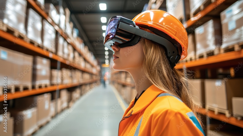 Logistics professionals using augmented reality glasses to assist in picking and packing operations in a warehouse Logistics professionals using augmented reality glasses to assist in picking and packing operations in a warehouse